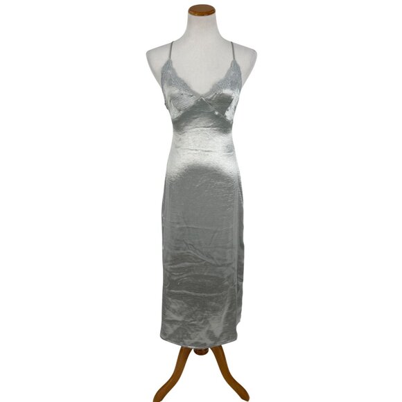 Urban Outfitters Silver Satin Crisscross Spaghetti Strap Lace Trim Slip Dress - Picture 14 of 16